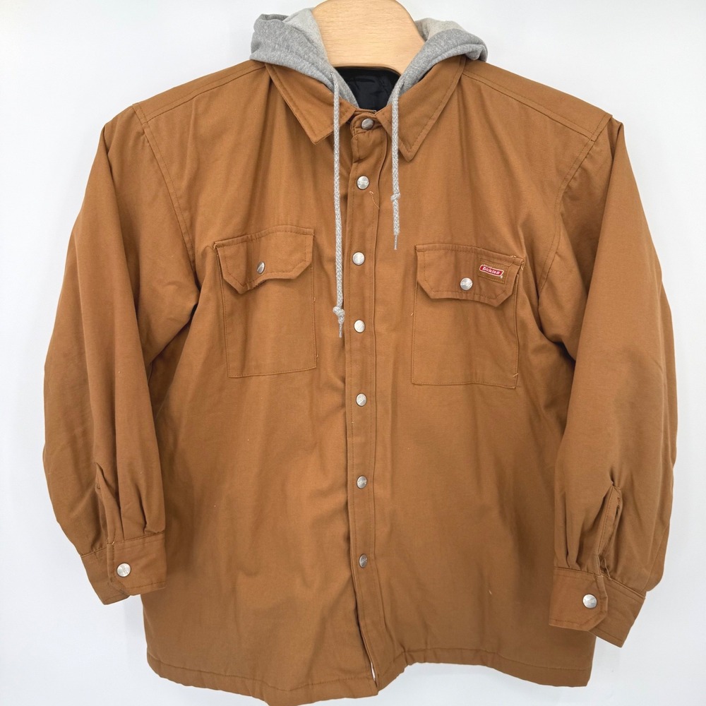 Dickies Jacket Mens L Brown Hooded Quilted Canvas Workwear Chore Coat Lined READ